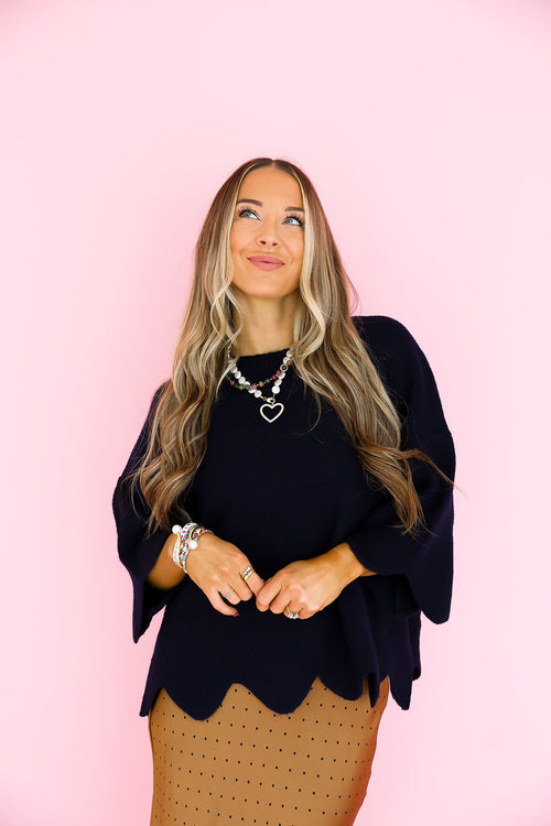 Scalloped Sweetheart Sweater-Navy