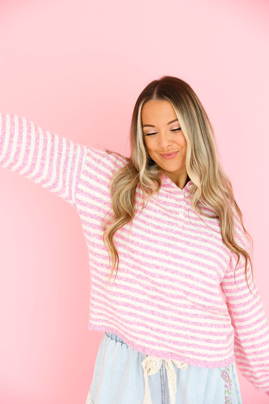 Cozy On Up Henley- Pink Stripe