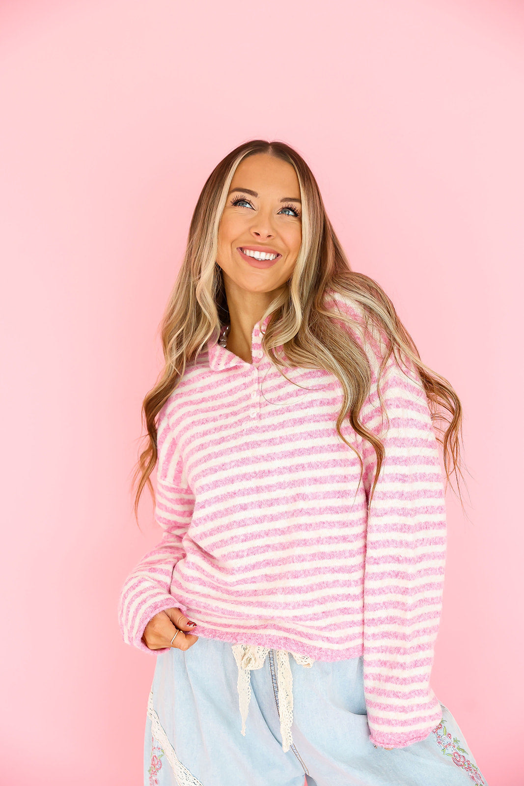 Cozy On Up Henley- Pink Stripe