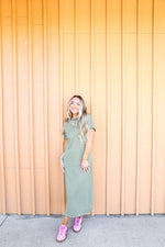 In A Routine Striped Midi Dress-Olive