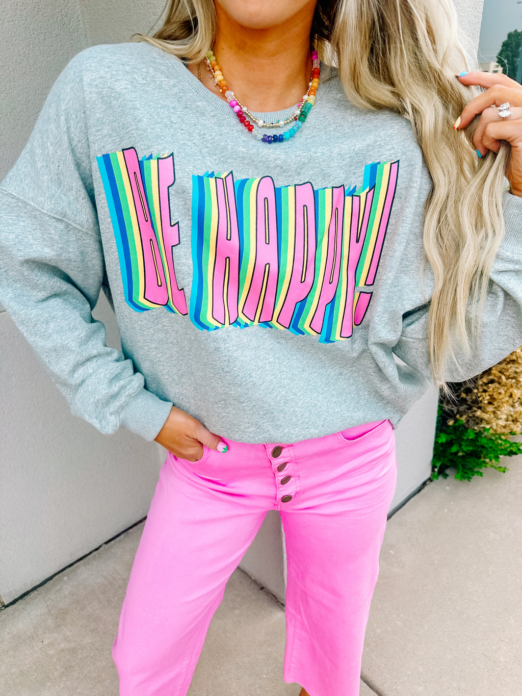 Be Happy Rainbow Graphic Sweatshirt