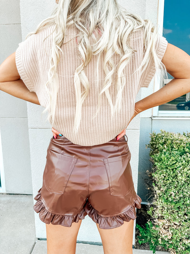 Faux Leather Ruffle  Deatil Shorts-Chocolate Brown