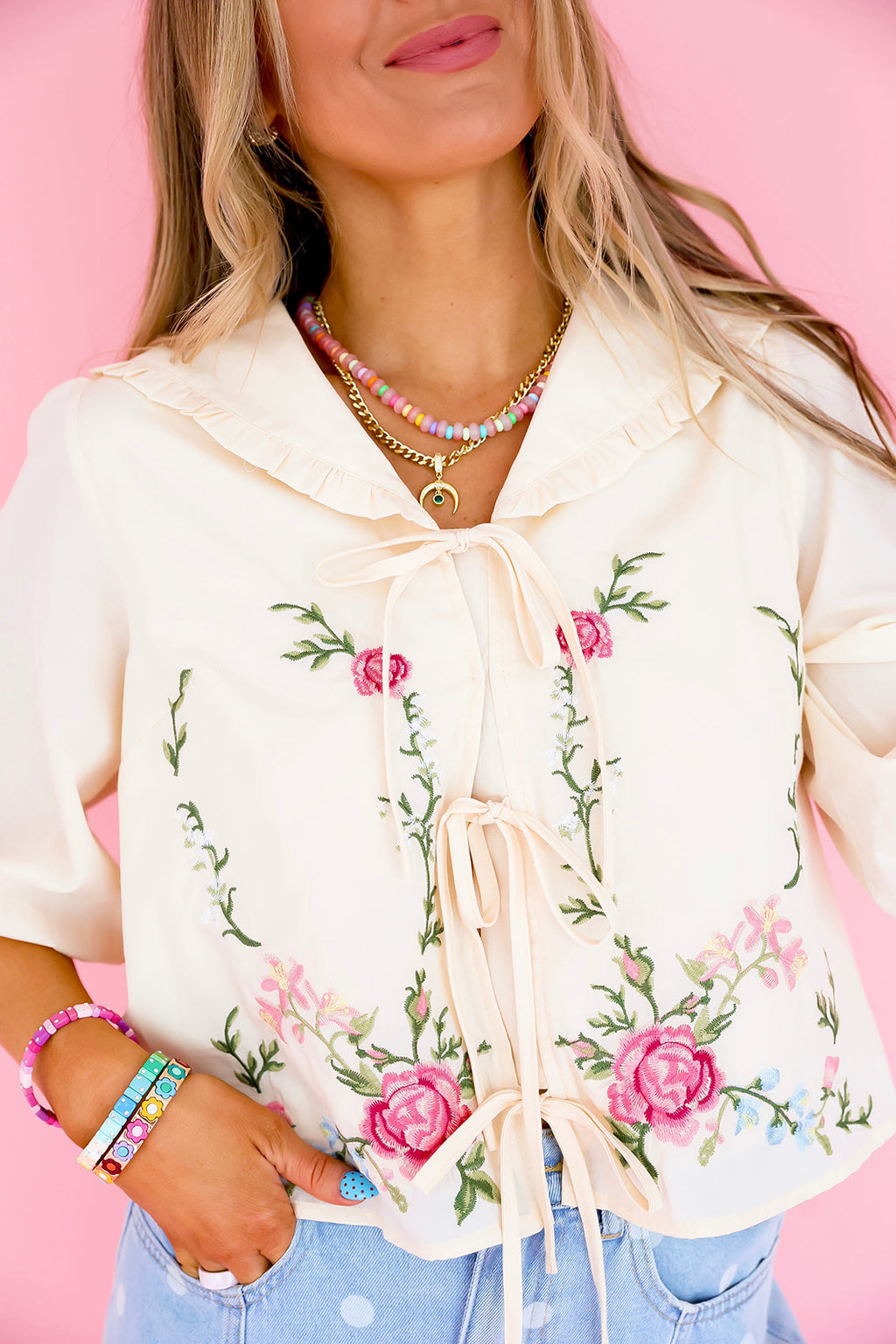 Sweet Embroidered Front Tie Top
