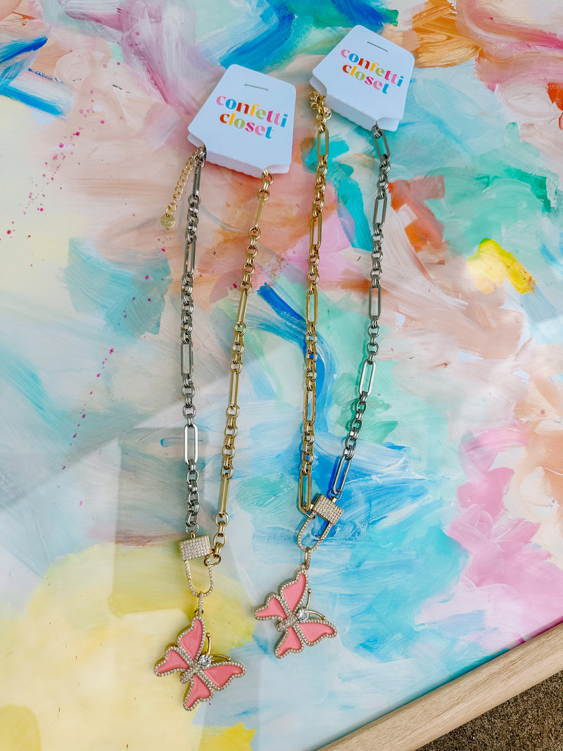 Two Toned Pink Butterfly Necklace