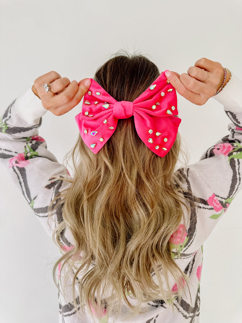 Hot Pink Rhinestone Hair Bow