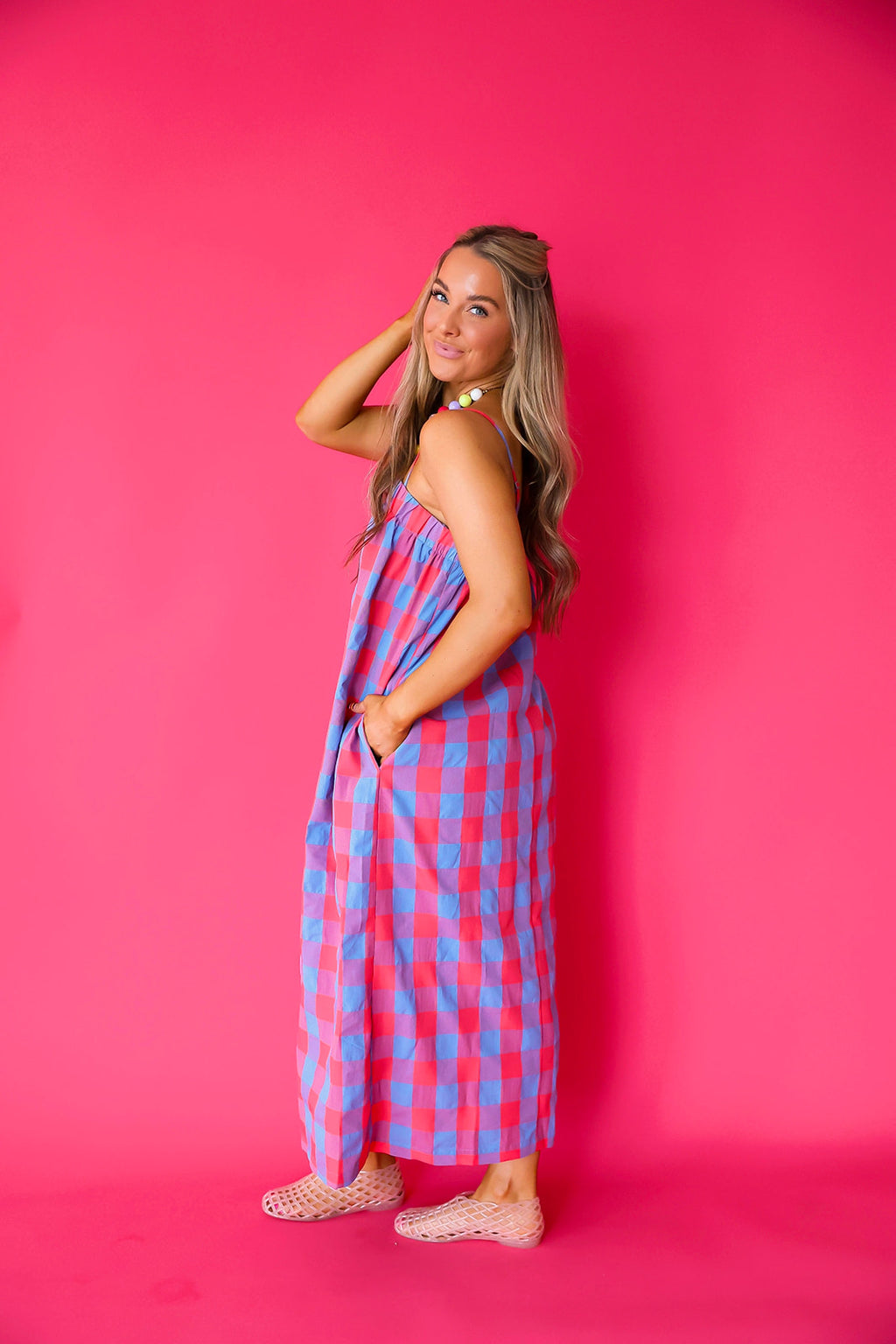 Checkered Calendar Midi Dress- Cherry/Blue