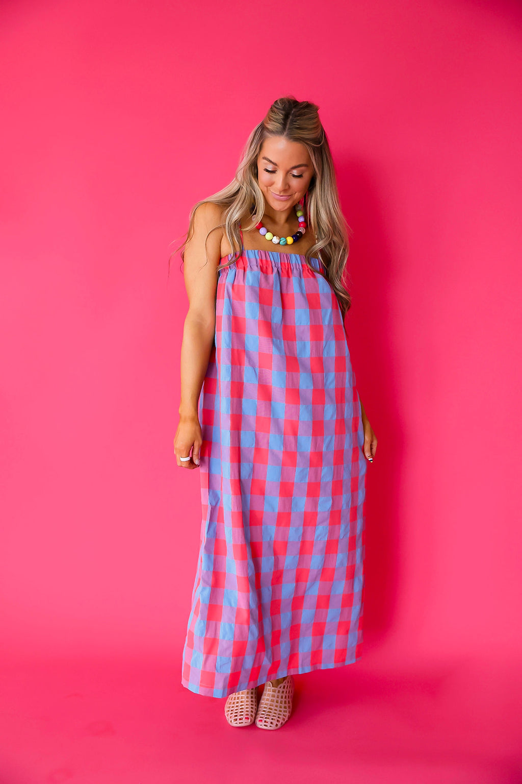 Checkered Calendar Midi Dress- Cherry/Blue
