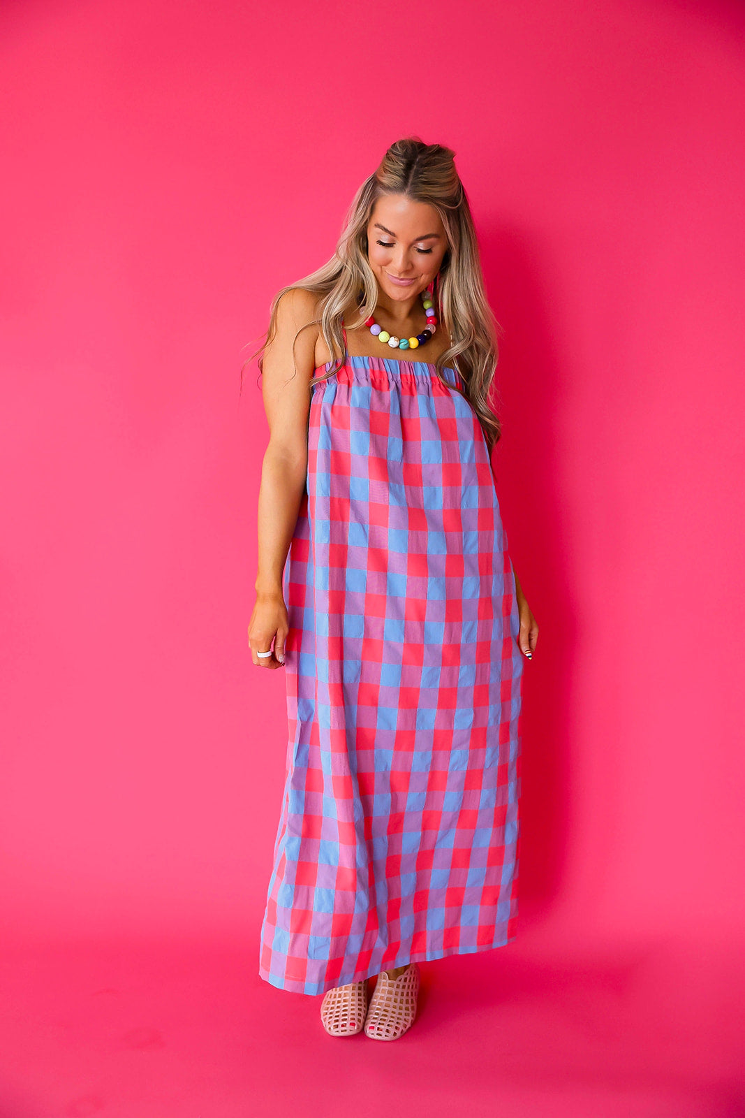 Checkered Calendar Midi Dress- Cherry/Blue