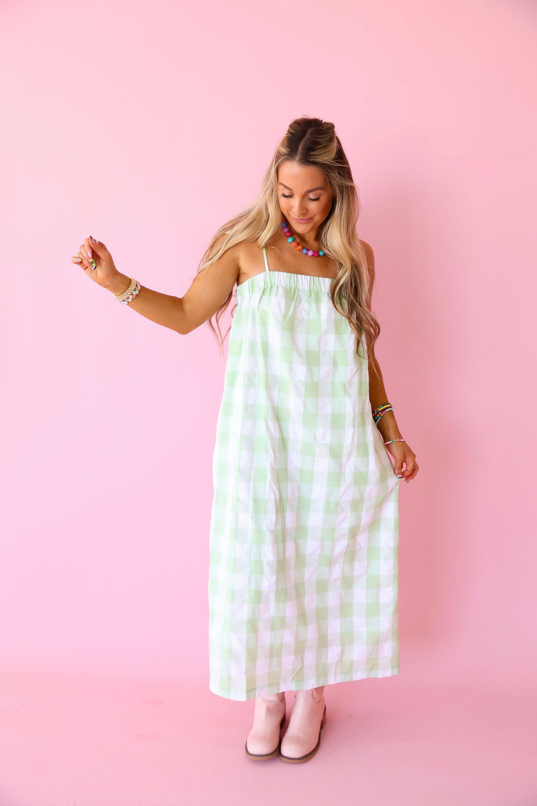 Checkered Calendar Midi Dress – Sage/White
