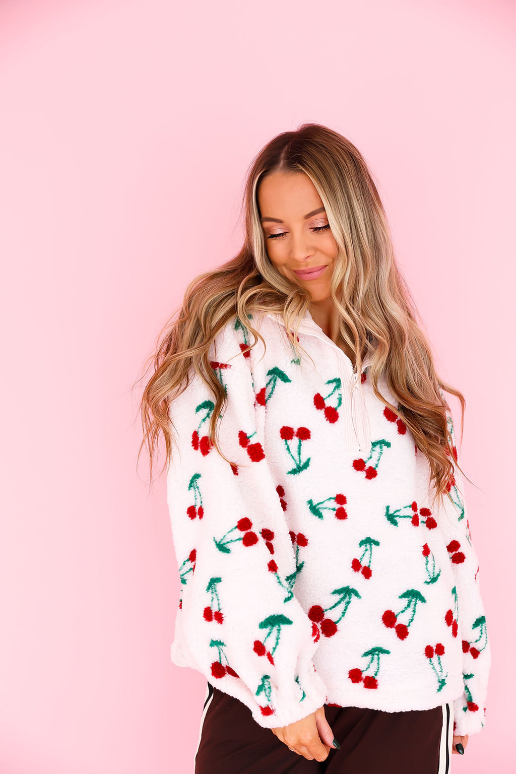 Cherry On Top Quarter Zip- Soft Cream Pink