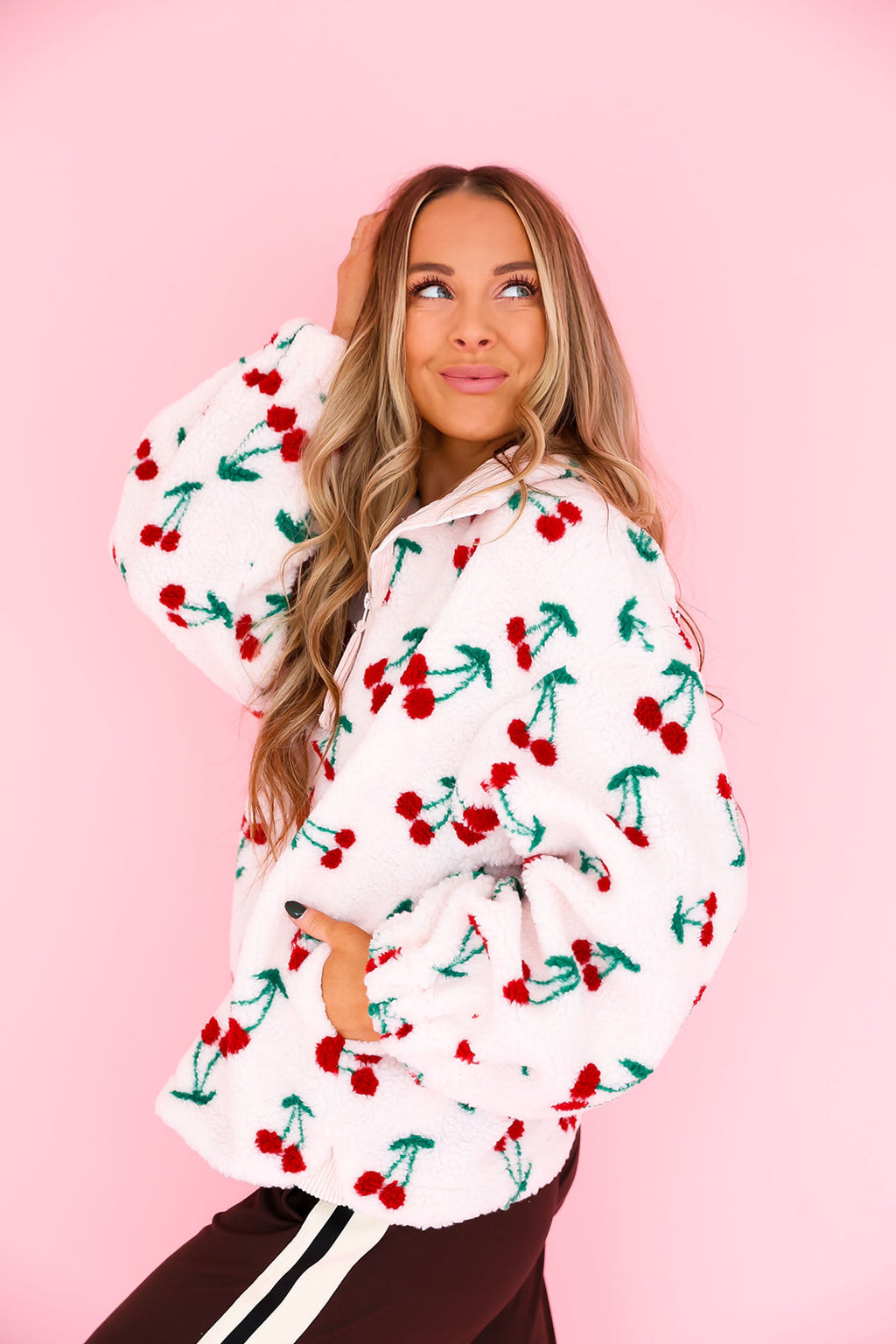 Cherry On Top Quarter Zip- Soft Cream Pink