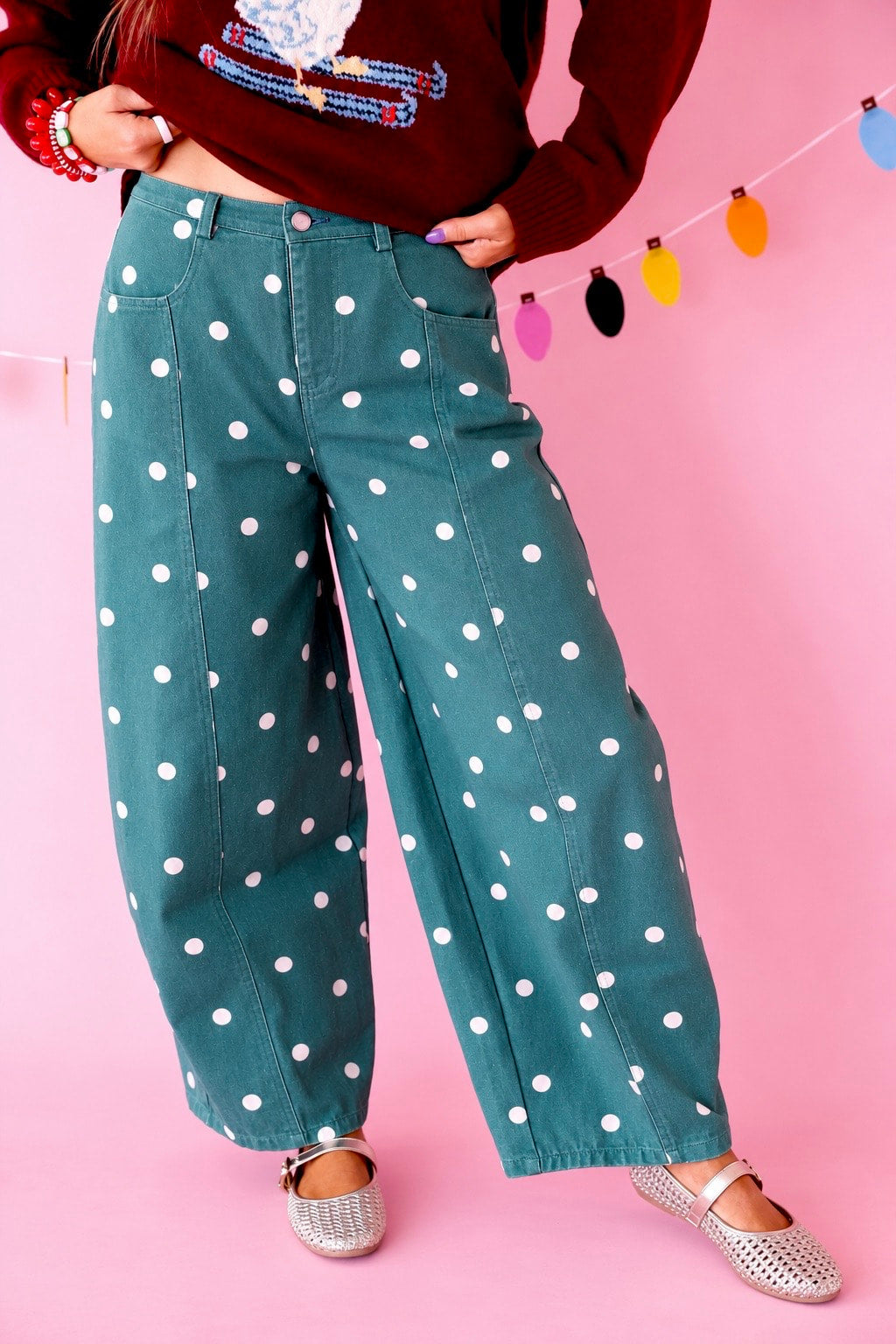 Class Act Polka Dot Barrel Pants- Green
