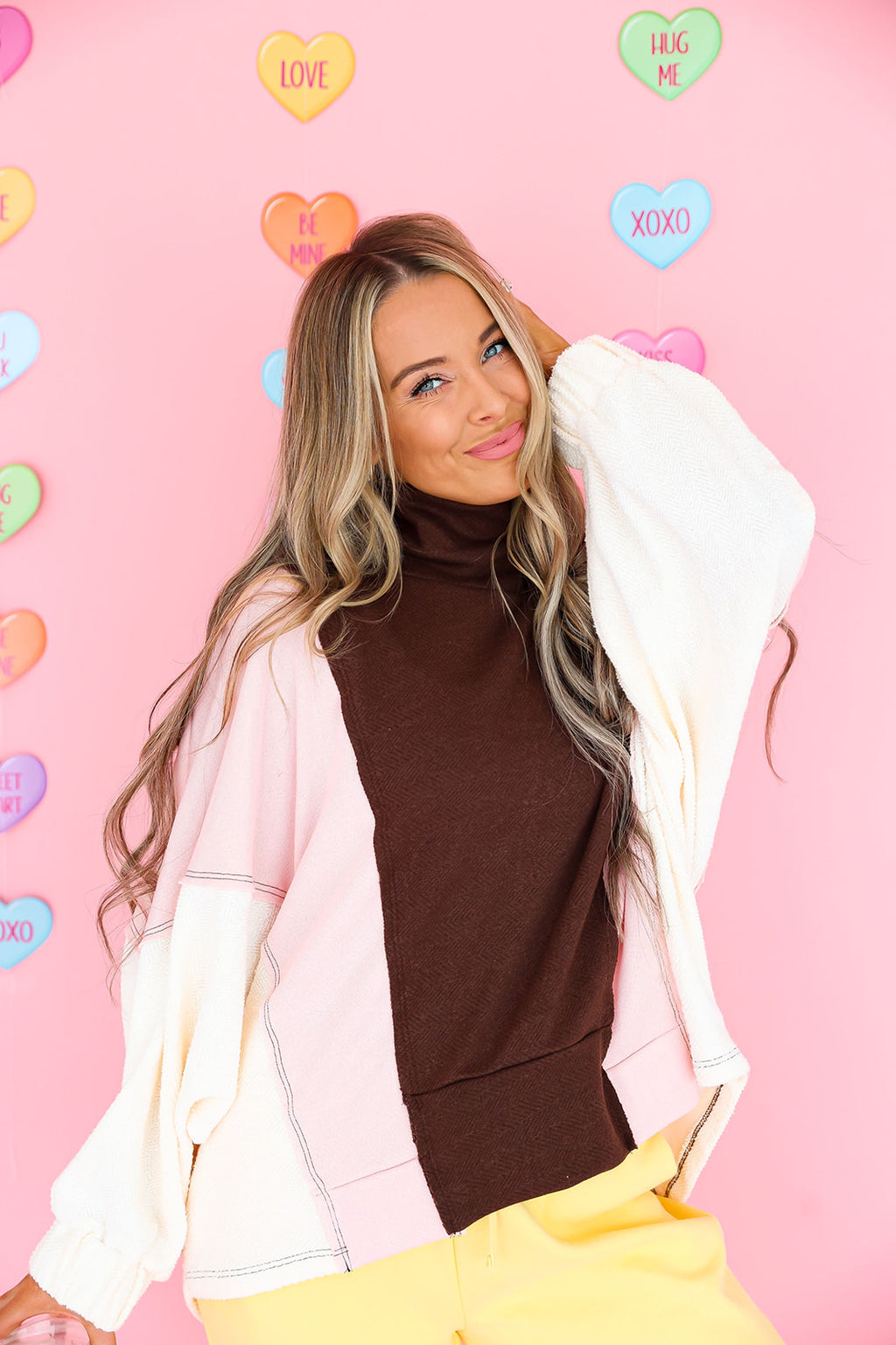 Colorblock Mock Neck Top- Mocha/Pink