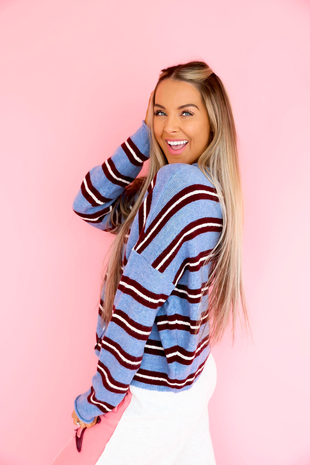 Cozy On Up Cardigan - Dusty Blue Stripe