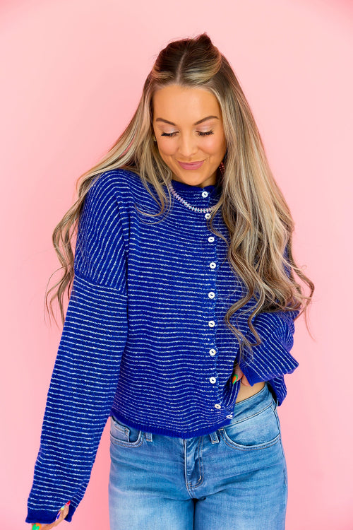 Cozy On Up Cardigan - Royal Stripe
