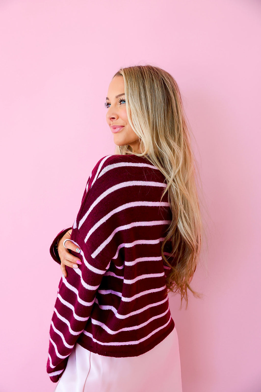 Cozy On Up Cardigan - Wine/Pink Stripe