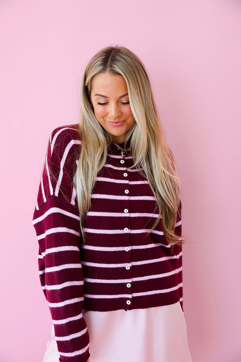 Cozy On Up Cardigan - Wine/Pink Stripe