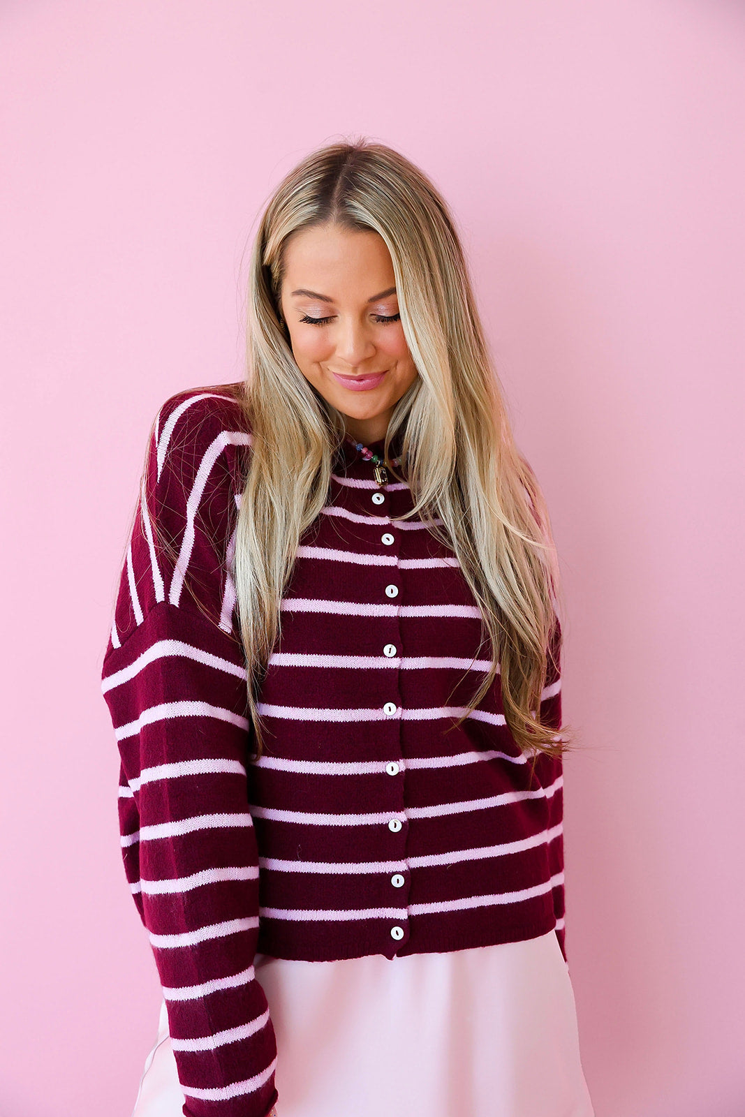 Cozy On Up Cardigan - Wine/Pink Stripe