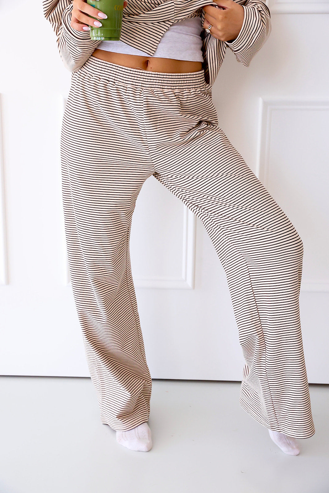 Cozy Weekend Striped Pants- Almond