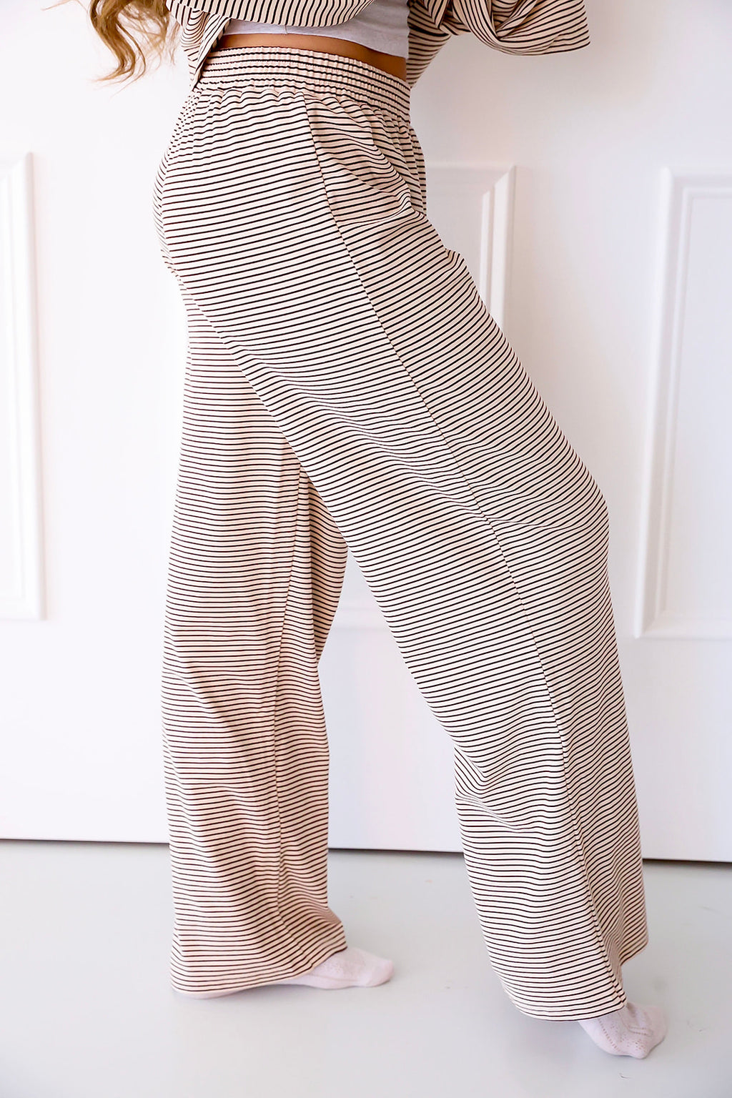 Cozy Weekend Striped Pants- Almond