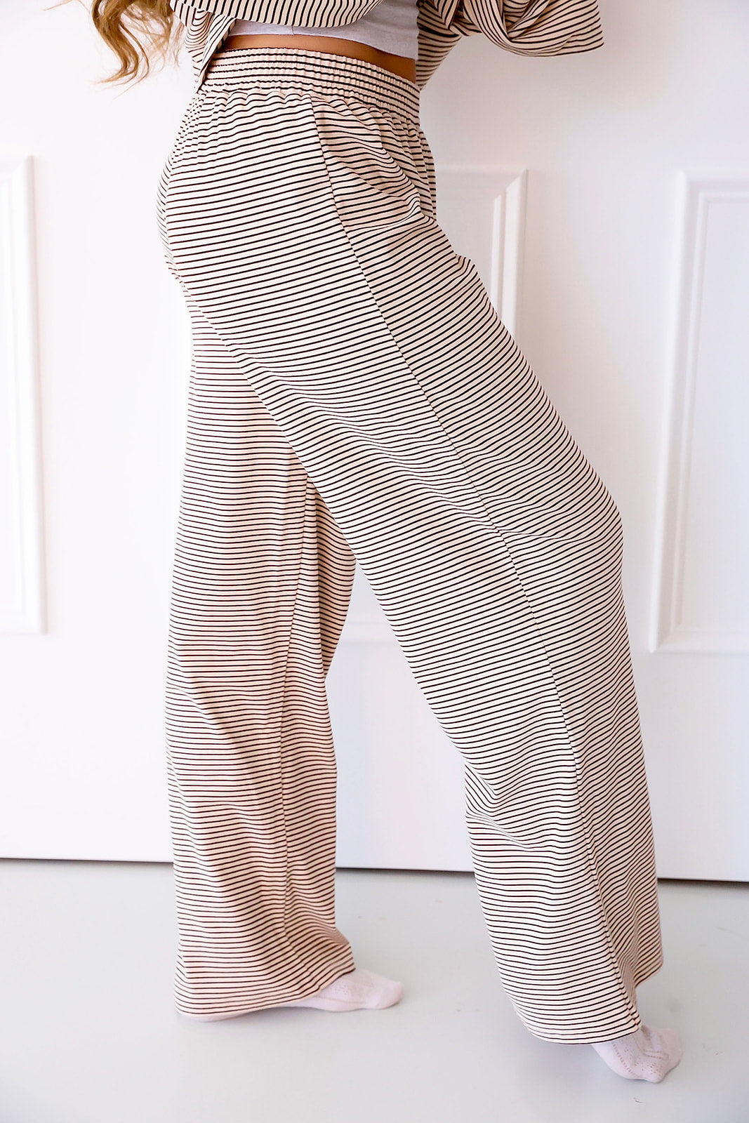 Cozy Weekend Striped Pants- Almond