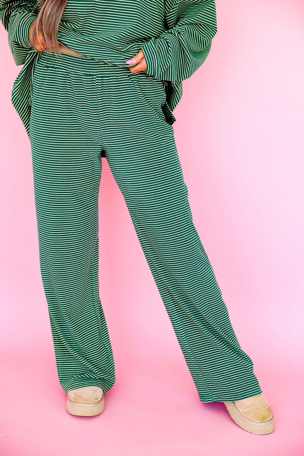 Cozy Weekend Striped Pants- Green