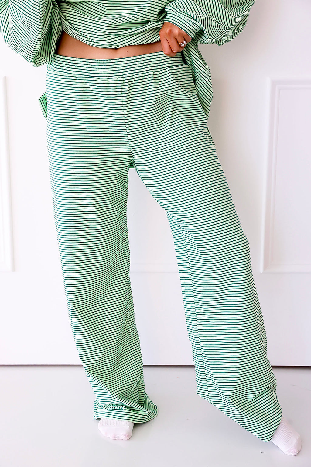 Cozy Weekend Striped Pants- Lime