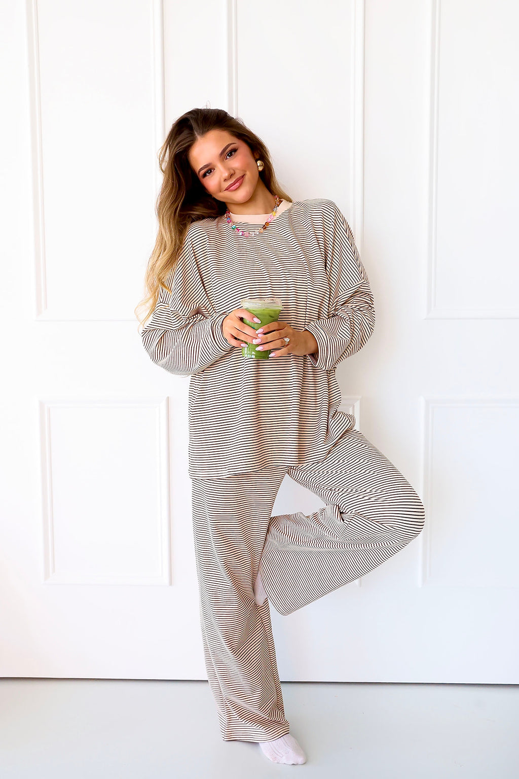 Cozy Weekend Striped Top- Almond