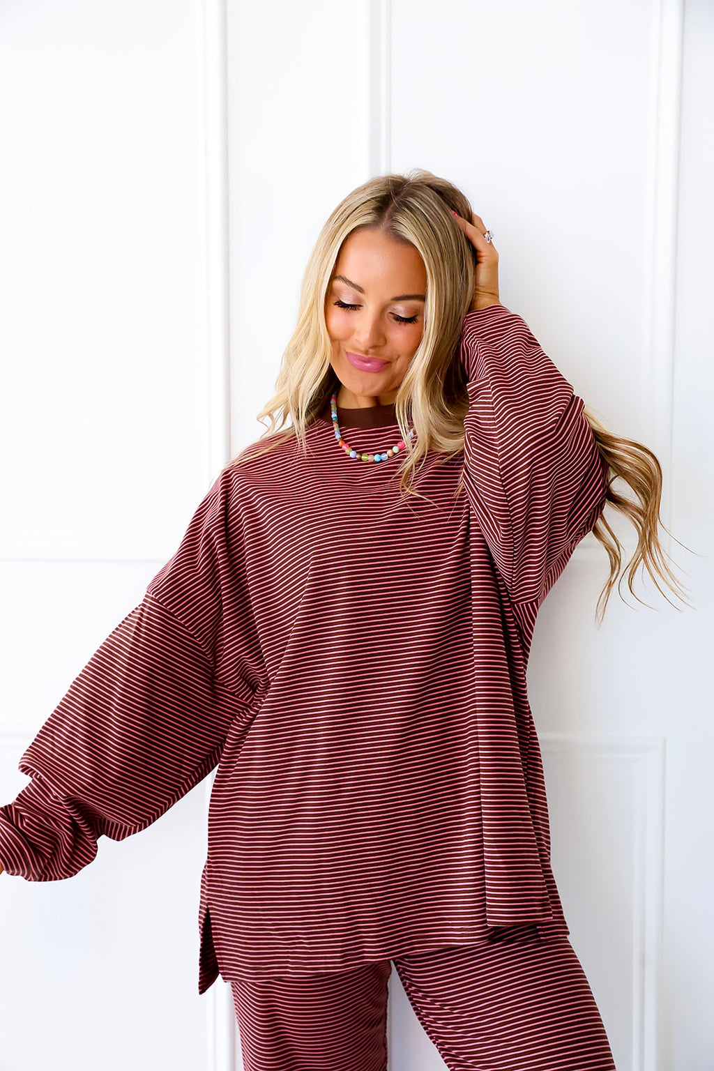 Cozy Weekend Striped Top- Brown/Pink