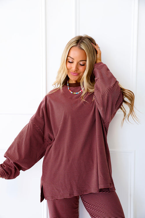 Cozy Weekend Striped Top- Brown/Pink