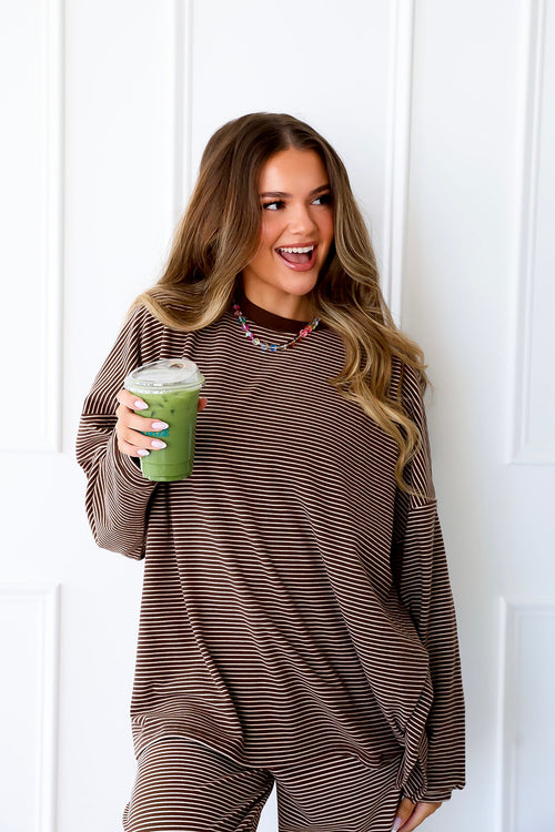 Cozy Weekend Striped Top- Brown