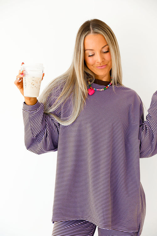 Cozy Weekend Striped Top- Lavender/Brown
