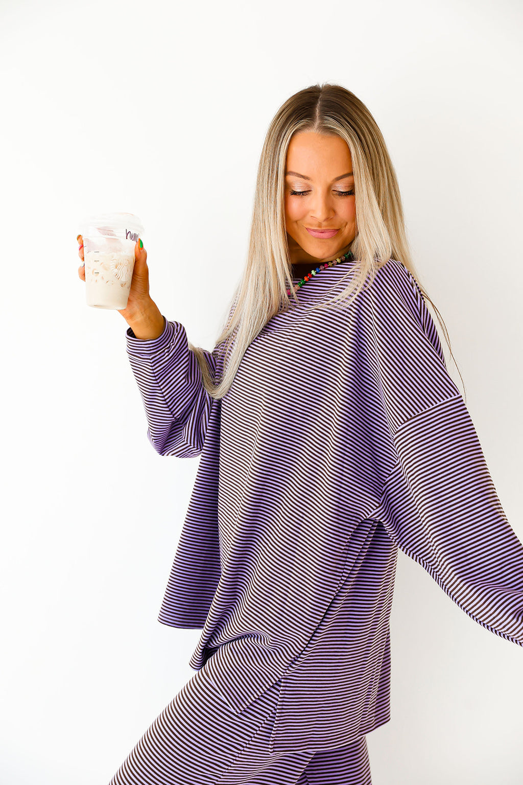 Cozy Weekend Striped Top- Lavender/Brown