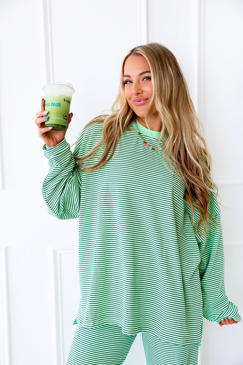 Cozy Weekend Striped Top- Lime