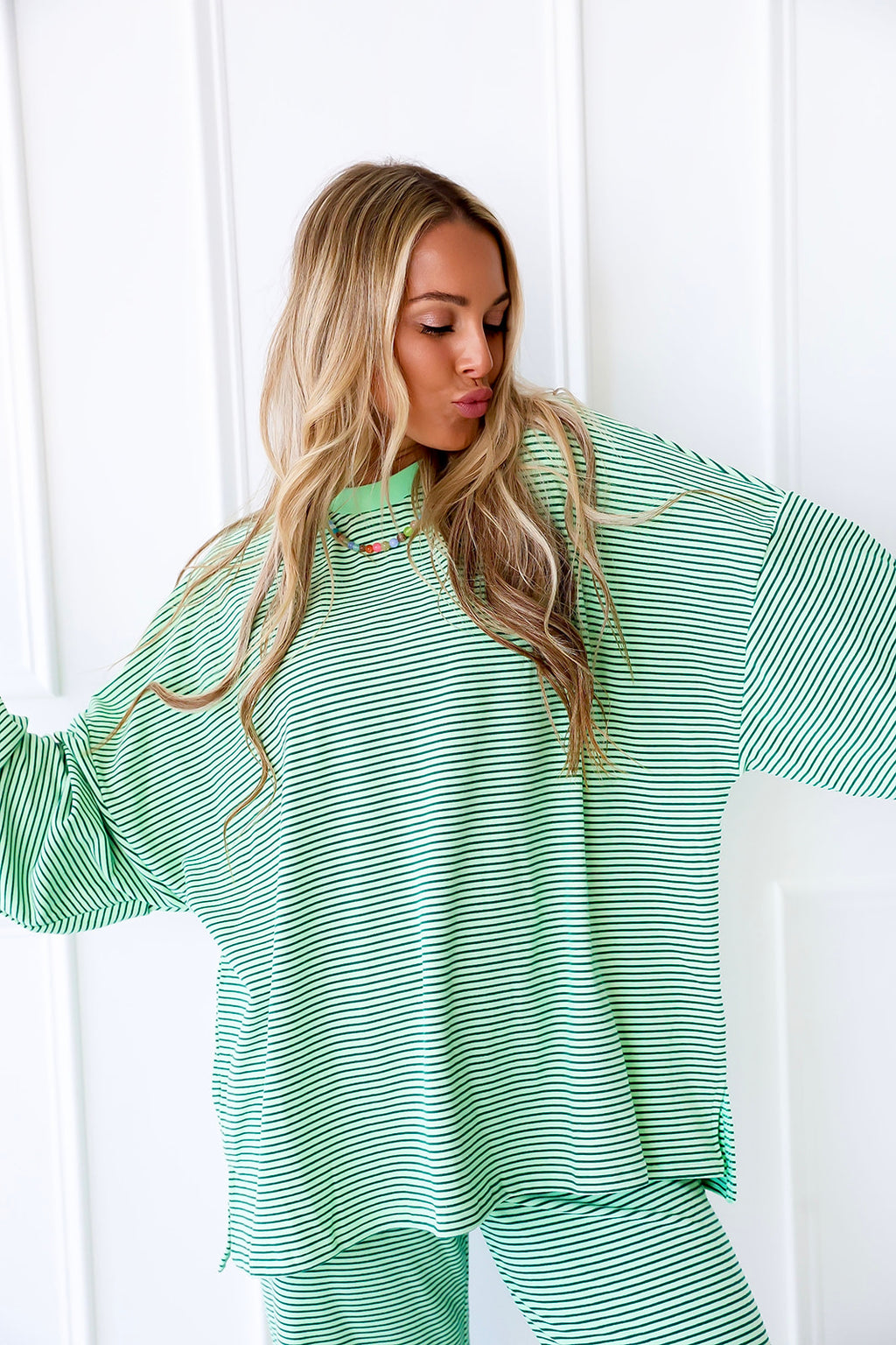 Cozy Weekend Striped Top- Lime