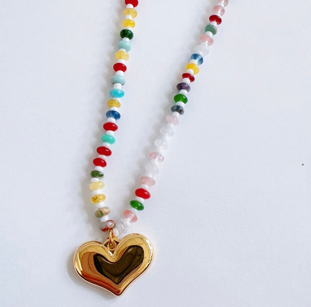 Mini Gemstone Rainbow Necklace (With Heart Charm)