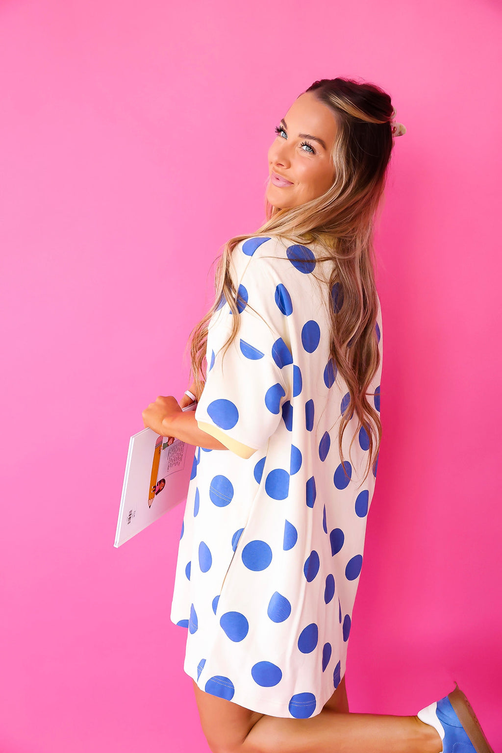 Doing Fun Things Polka Dot T-shirt Dress- Cream/Blue