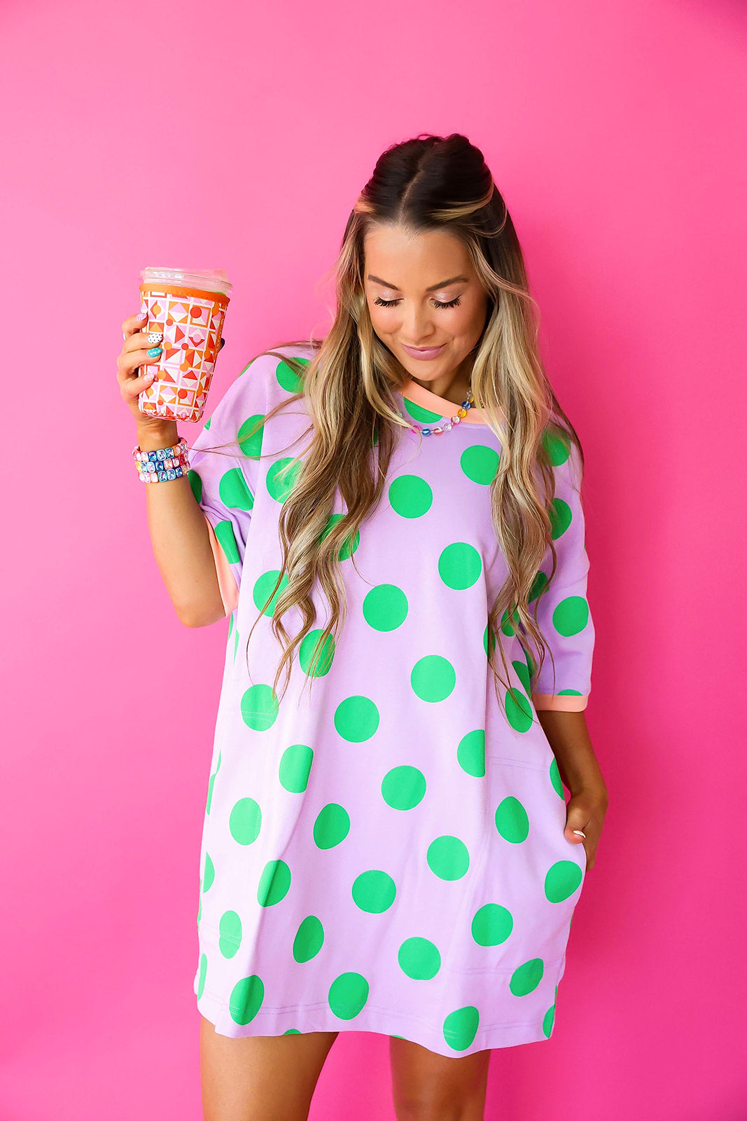 Doing Fun Things Polka Dot T-shirt Dress- Lavender/Green