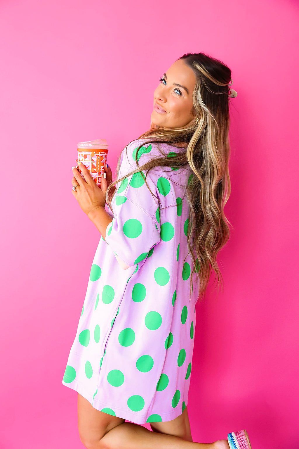 Doing Fun Things Polka Dot T-shirt Dress- Lavender/Green