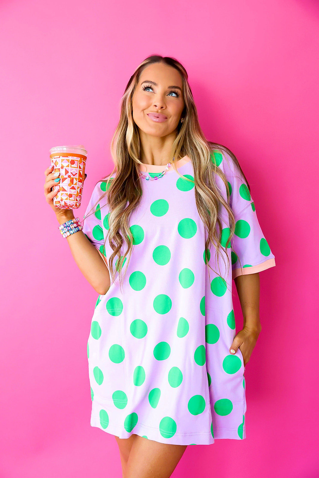 Doing Fun Things Polka Dot T-shirt Dress- Lavender/Green