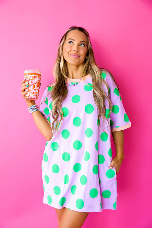 Doing Fun Things Polka Dot T-shirt Dress- Lavender/Green
