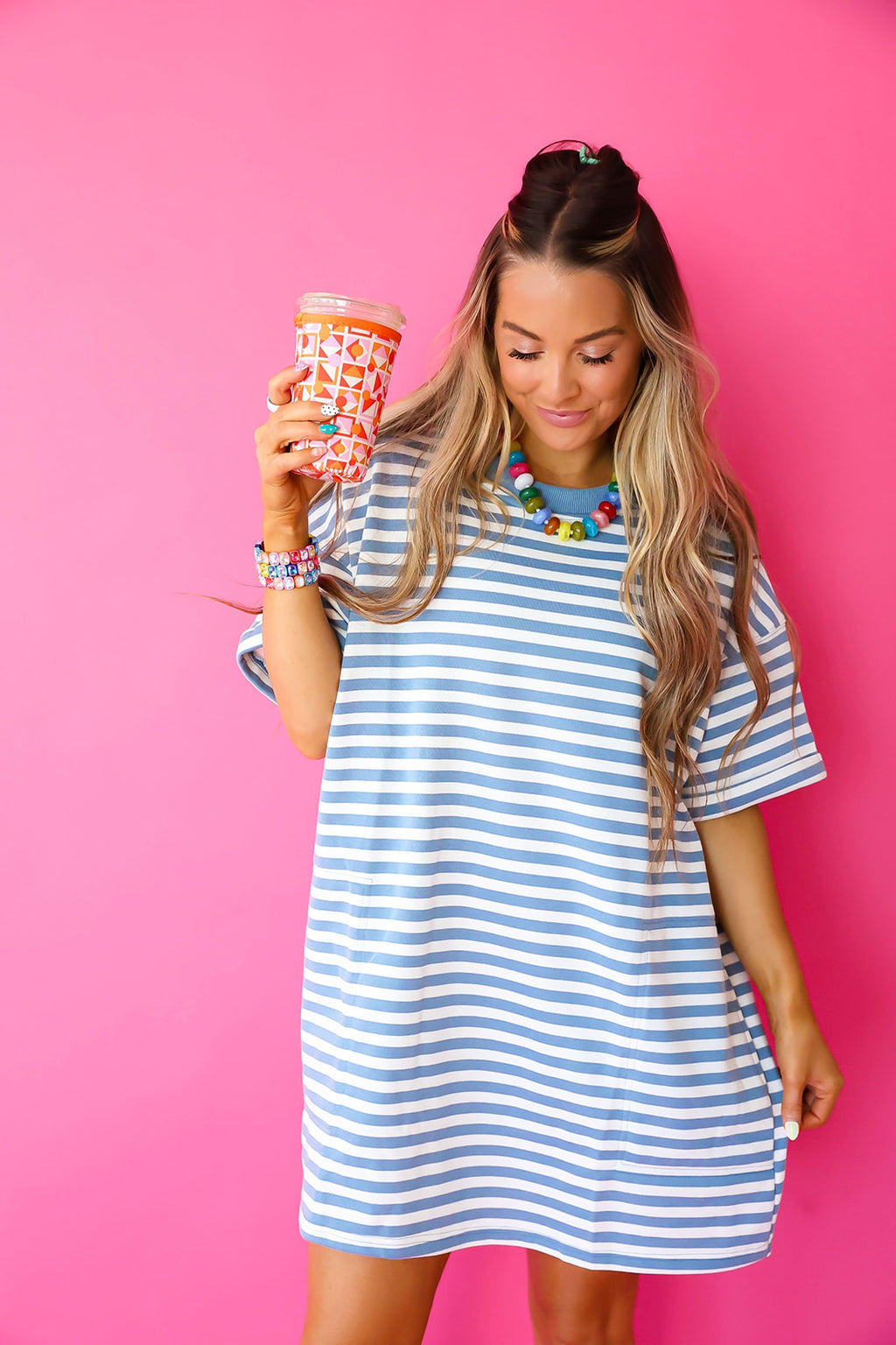 Doing Fun Things T-Shirt Dress – Blue/Ivory
