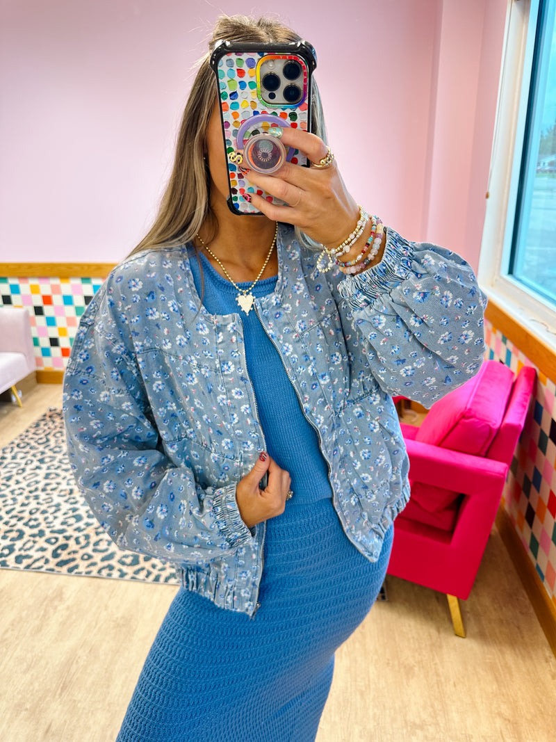 Denim Daydream Floral Bomber Jacket