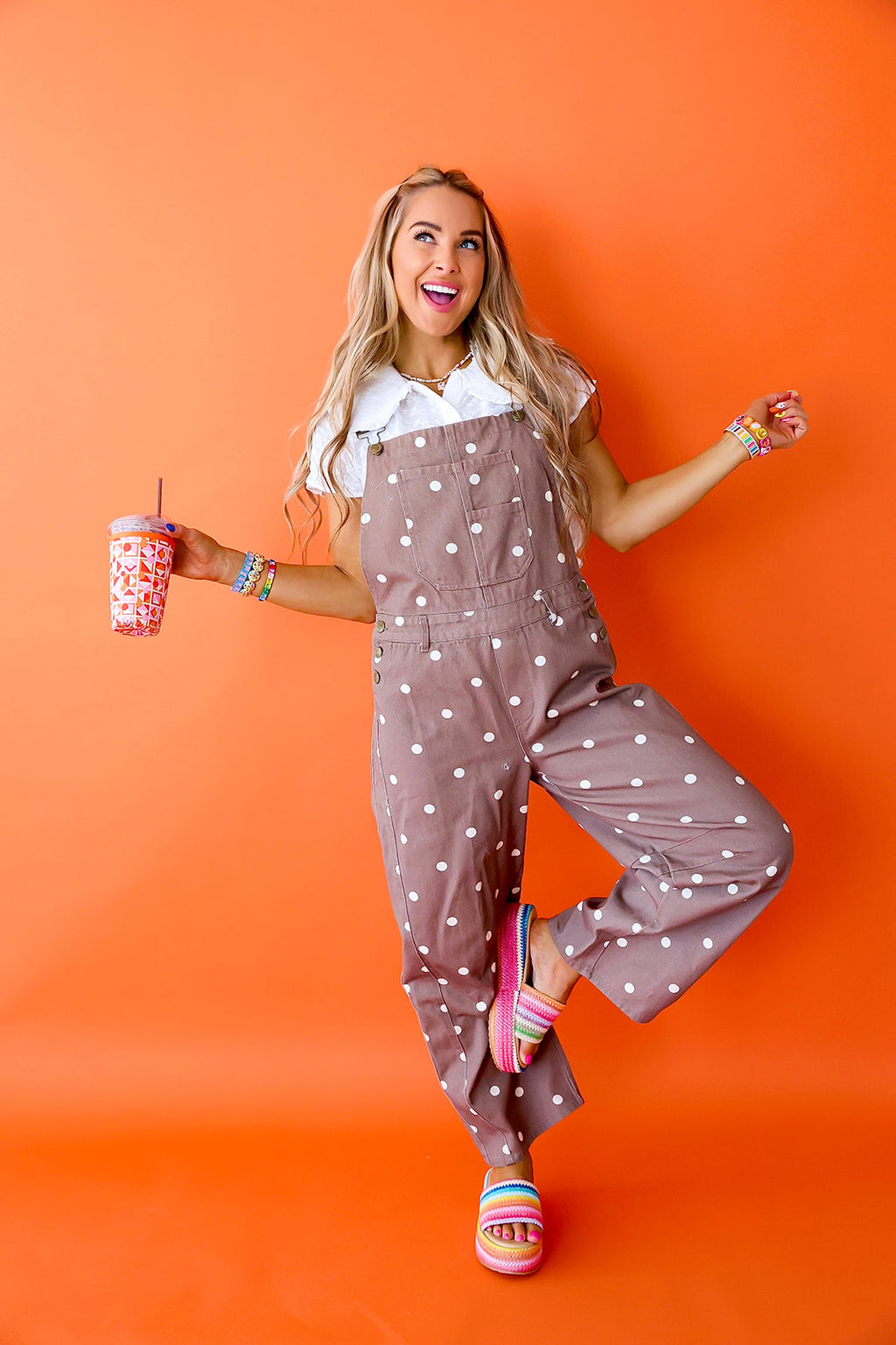 Extra Credit Polka Dot Overalls-Brown/Cream