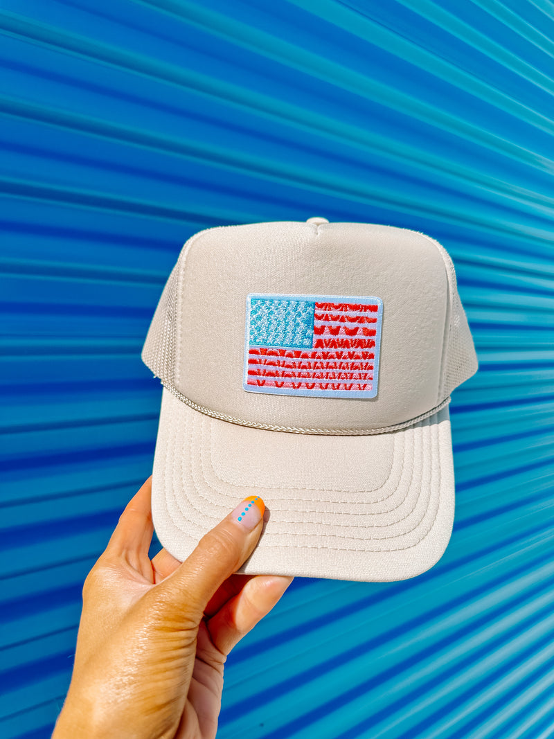 American Flag Trucker Hat-Khaki
