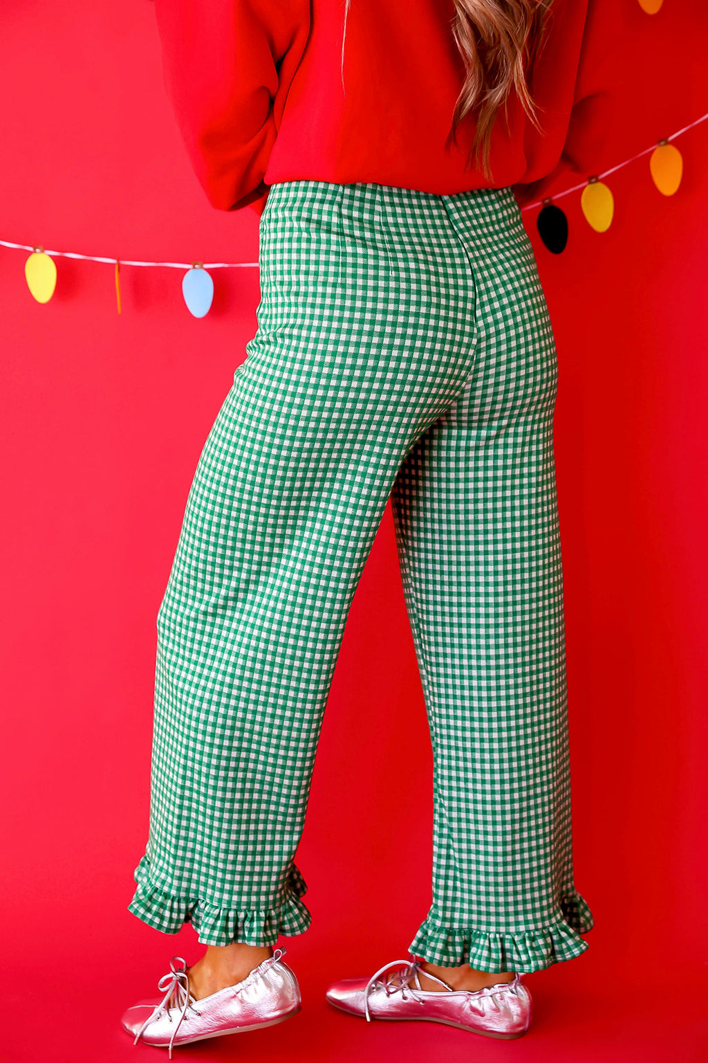 Gingham All The Way Ruffle Pants – Green/White