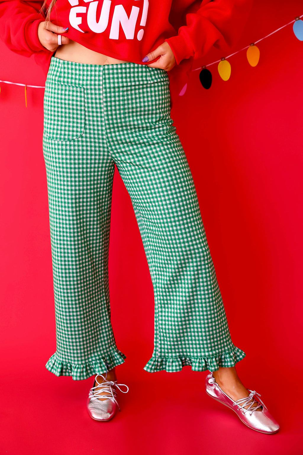 Gingham All The Way Ruffle Pants – Green/White