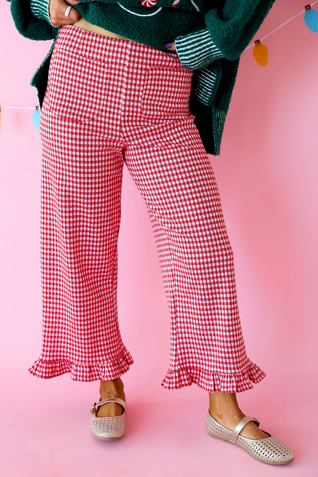 Gingham All The Way Ruffle Pants – Red/White