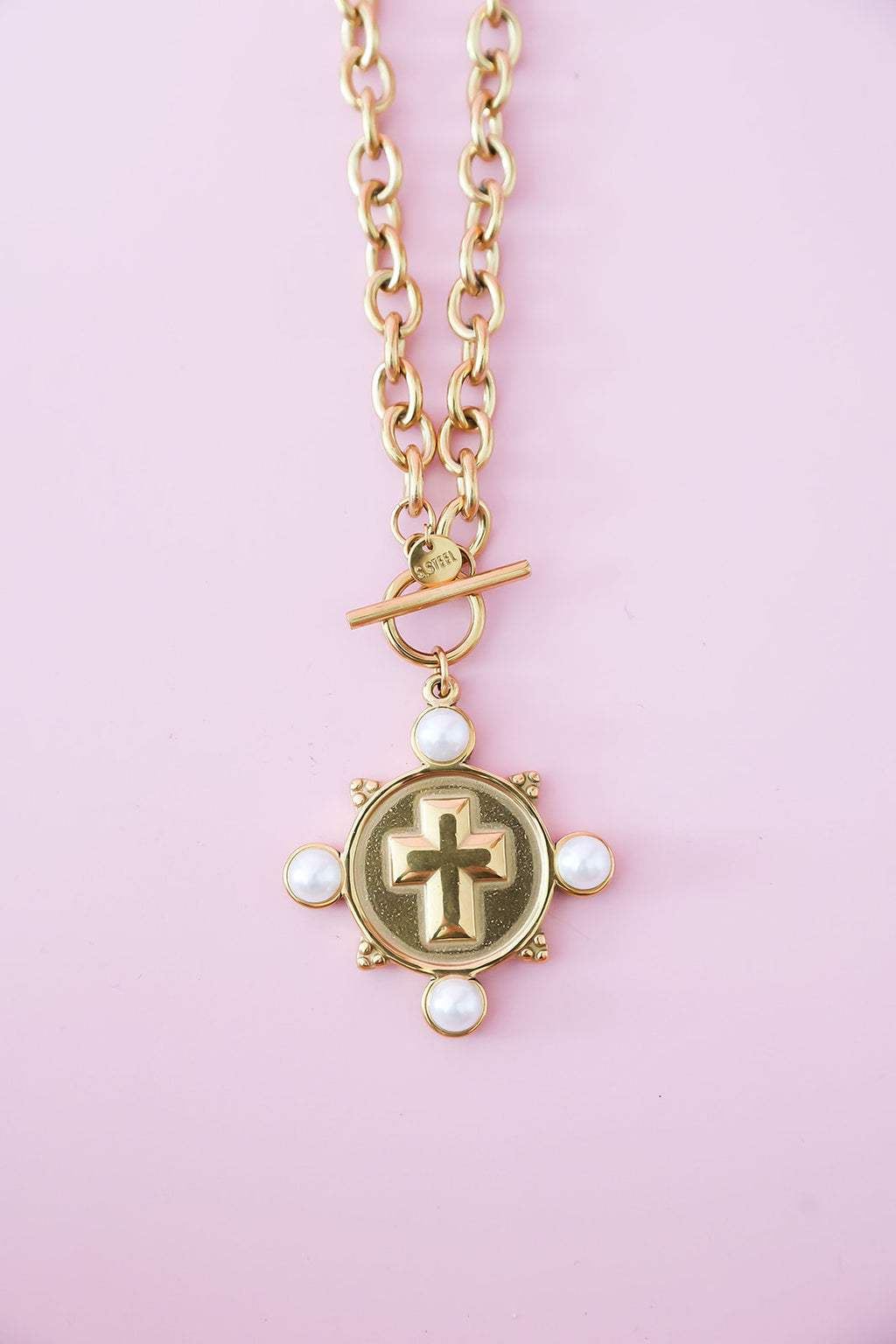 He Is My Strength Pearl Cross Necklace