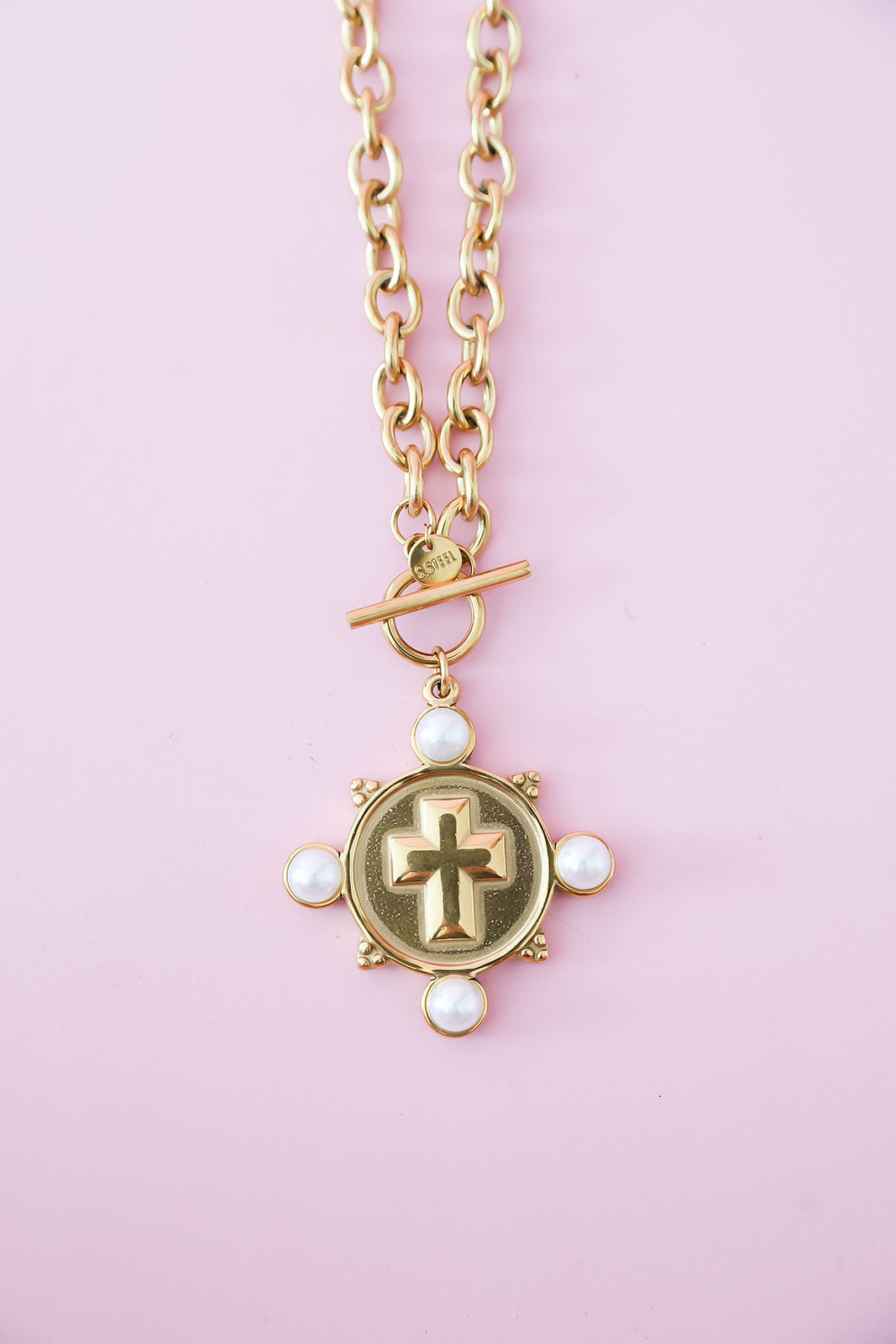 He Is My Strength Pearl Cross Necklace